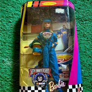 NIB.NWOT. Barbie Nascar 50th anniversary collectors ed. Cross listed in home.